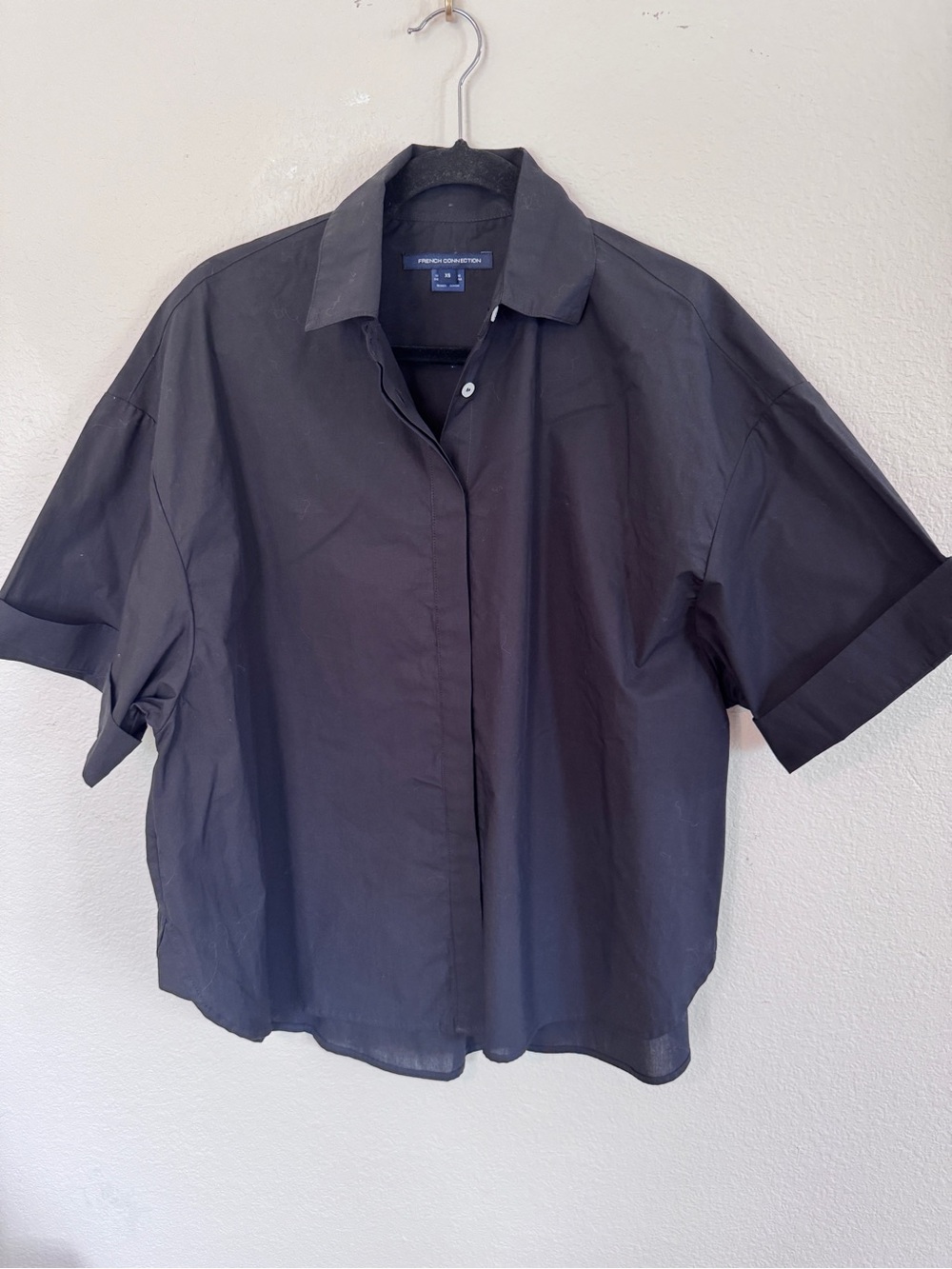 French Connection Black Oversized Short-Sleeve Button-Front Shirt ~ Size XS